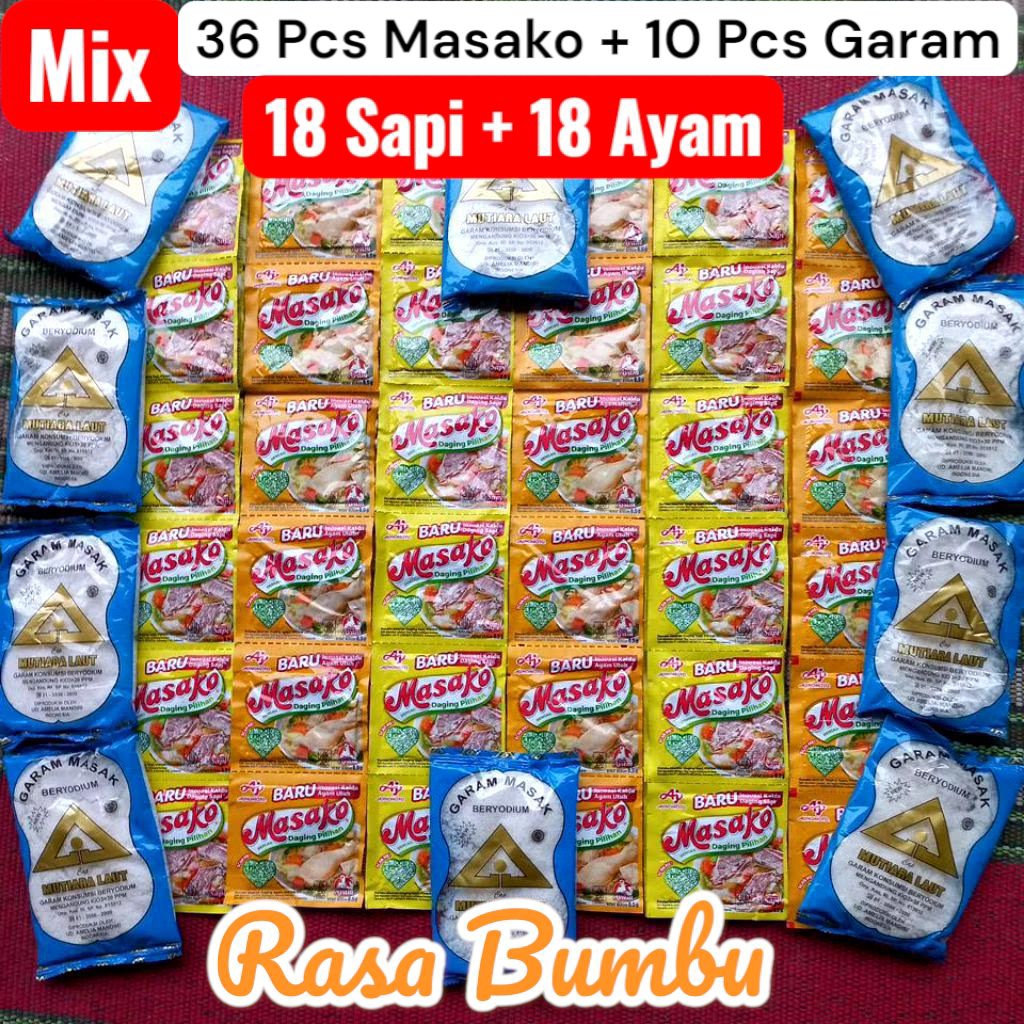 

Mix Masako 18+18 (36pcs) ayam sapi | 10 pcs garam masak beryodium cap segiti mas teknologi modern + Masako 36 mix Pcs daging pilihan bumbu rasa baru sapi ayam