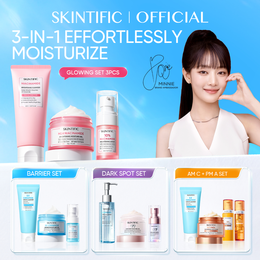 SKINTIFIC-3pcs Paket-Skincare Set | Serum+Moisturizer Gel+Cleanser Day Night Cream Acner Glowing Bar