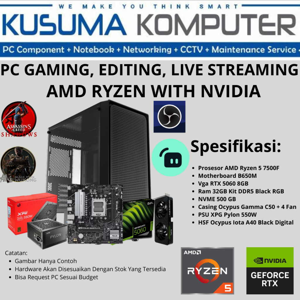 PC AMD RYZEN 5 7500F DENGAN NVIDIA RTX 5060 GAMING, EDITING, LIVE STREAMING