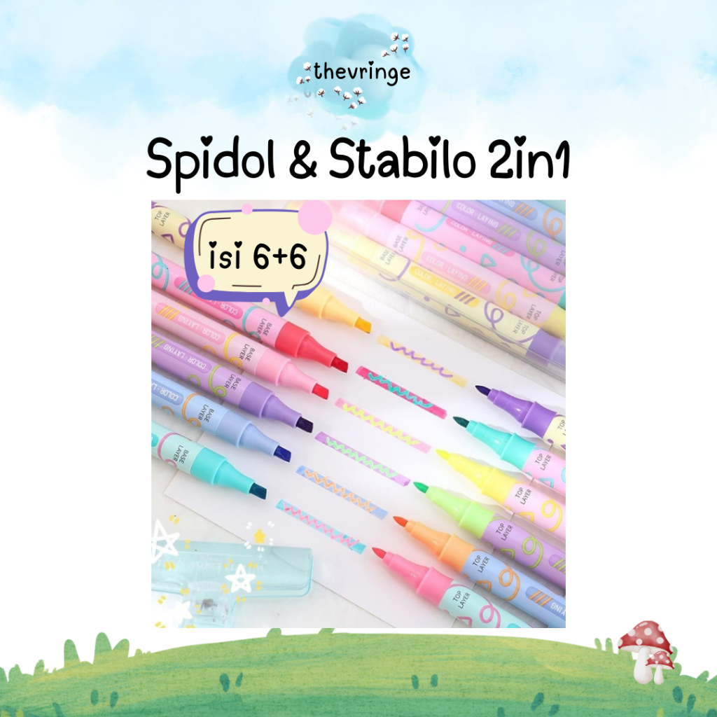 

[Isi 6] Spidol Highlighter 2-in-1 Warna Pastel Lucu | Dual Tip Dual Color