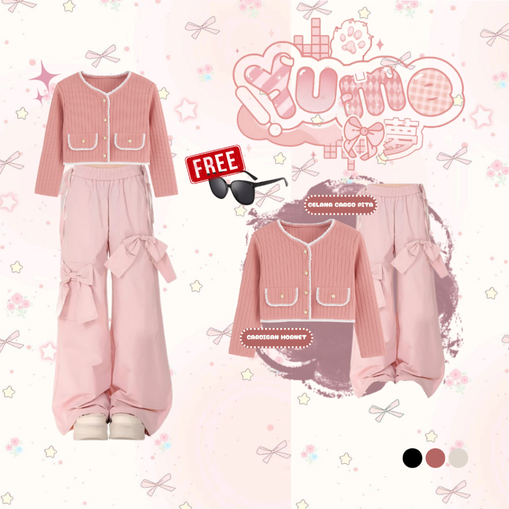 One Set Wanita Kekinian OOTD Korean {Cardigan Rajut Wanita + Celana Cargo Pita + Kacamata} UW112