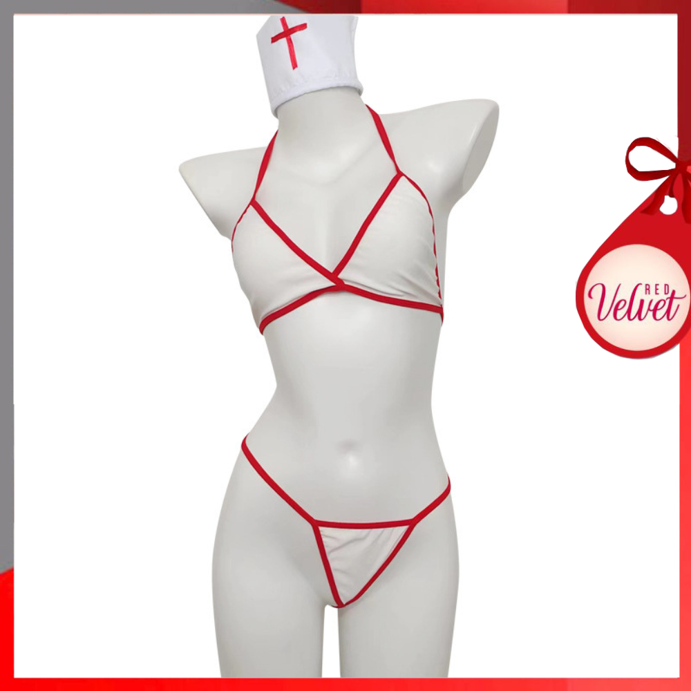 RV® Kostum Lingerie Set Bra Sexy + G String Model Cosplay Nurse Suster Model Ikat Tali Punggung Terb