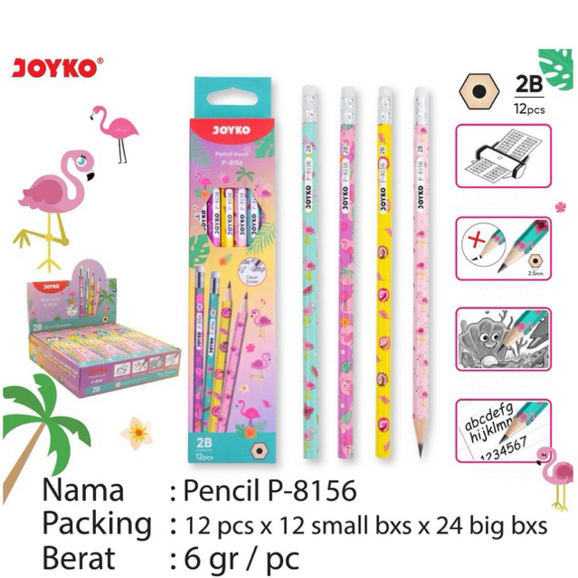 

( 12 pcs ) JOYKO P 8156 Pencil 2B terbaca di Komputer Ulangan / Sketch Drawing Pensil dengan Penghapus P-8156 P8156