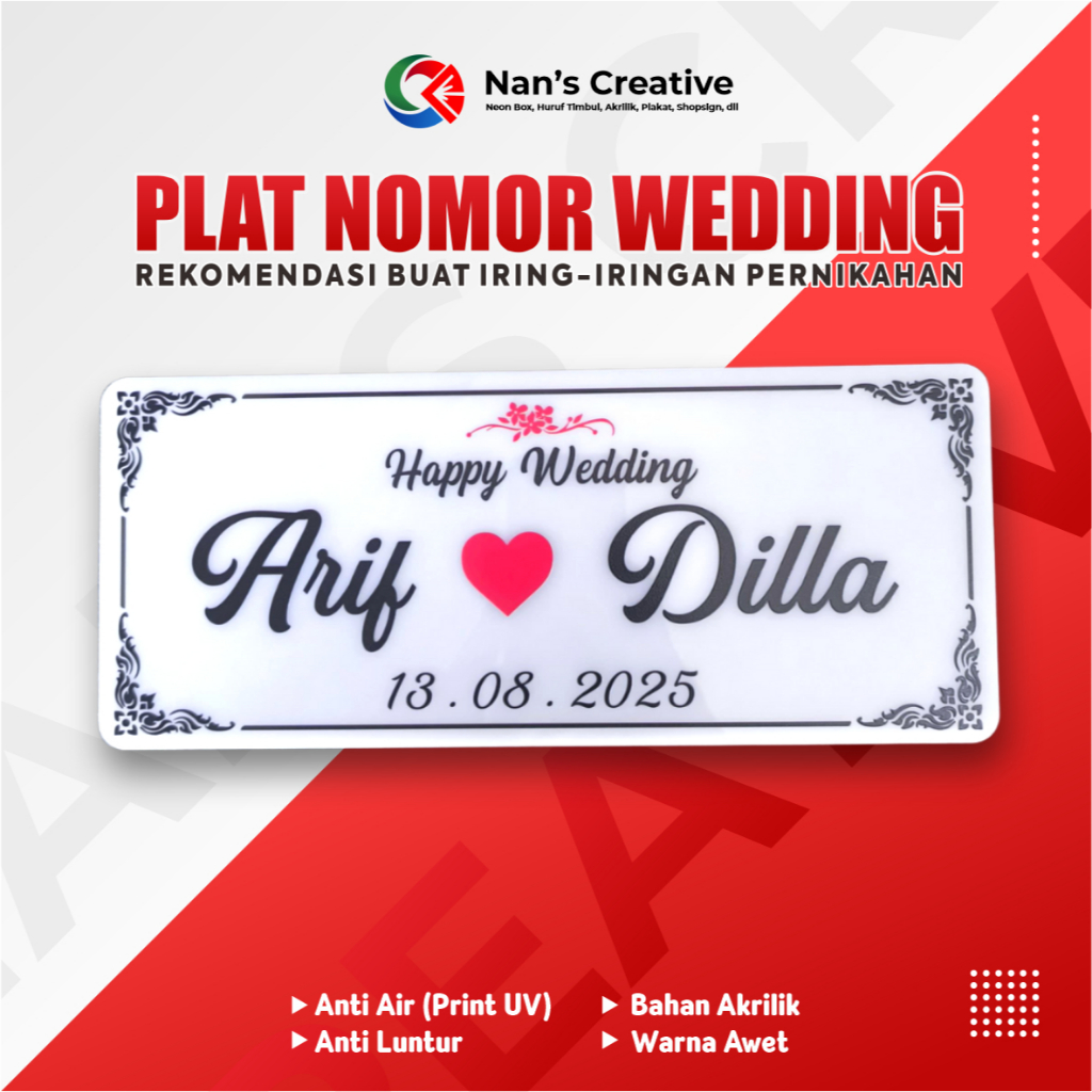 PLAT WEDDING/PLAT CUSTOM WEDDING/PLAT NOMOR AKRILIK