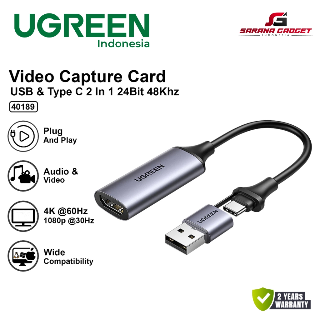 UGREEN 40189 Video Capture Card HDMI Adapter 2 in 1 Type C / USB HD 4K 60Hz Adaptor Tipe C Converter