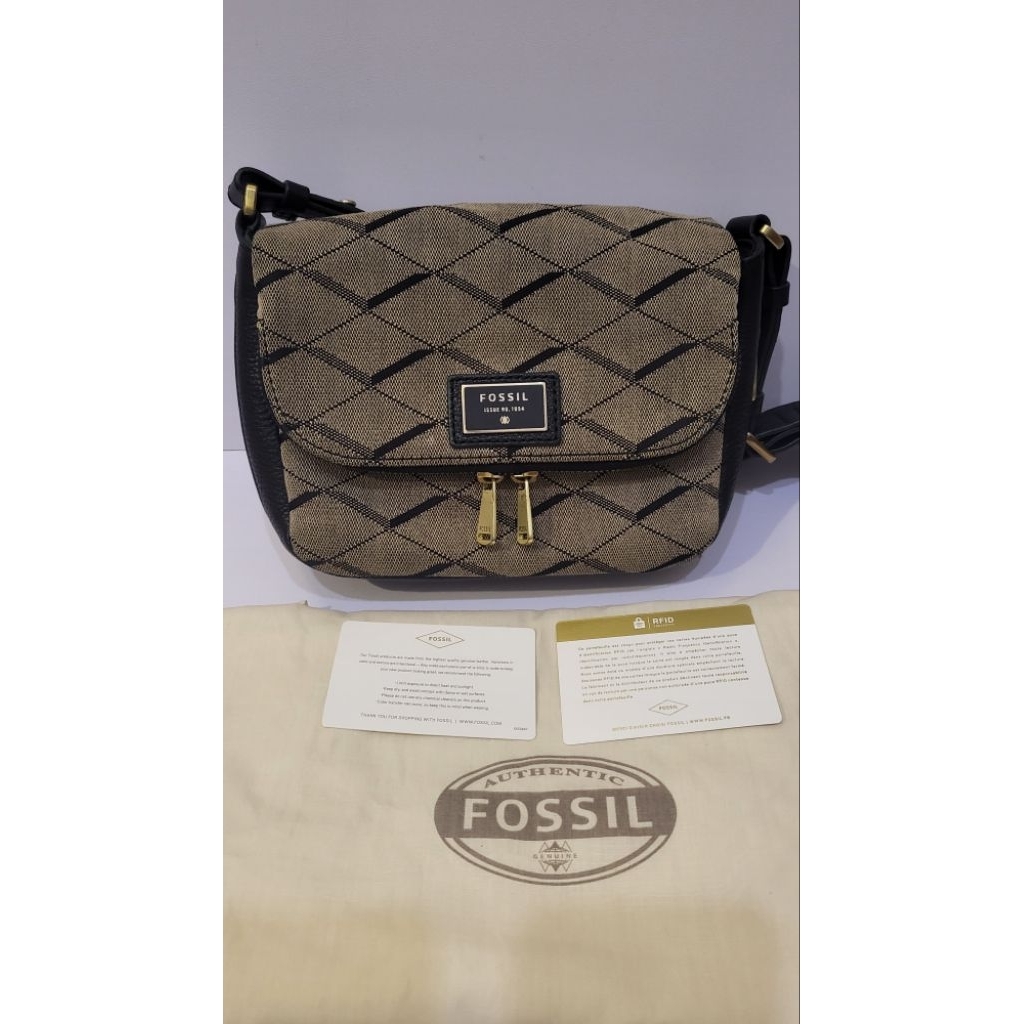 FOSSIL preston crossbody grey canvas (PRELOVED) complete with dustbag / Fossil Black Grey Diamond Ja