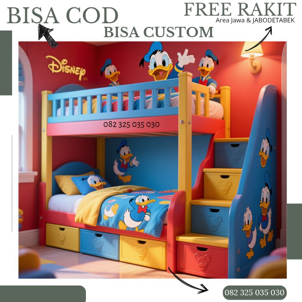Tempat tidur kayu 2 tingkat karakter donal bebek