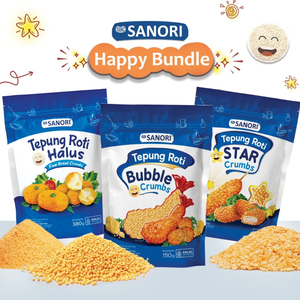 

Happy Bundle - SBC Sanori Tepung Roti isi 3 - Bubble + Star + Fine Crumbs –Cocok untuk Nugget, Katsu