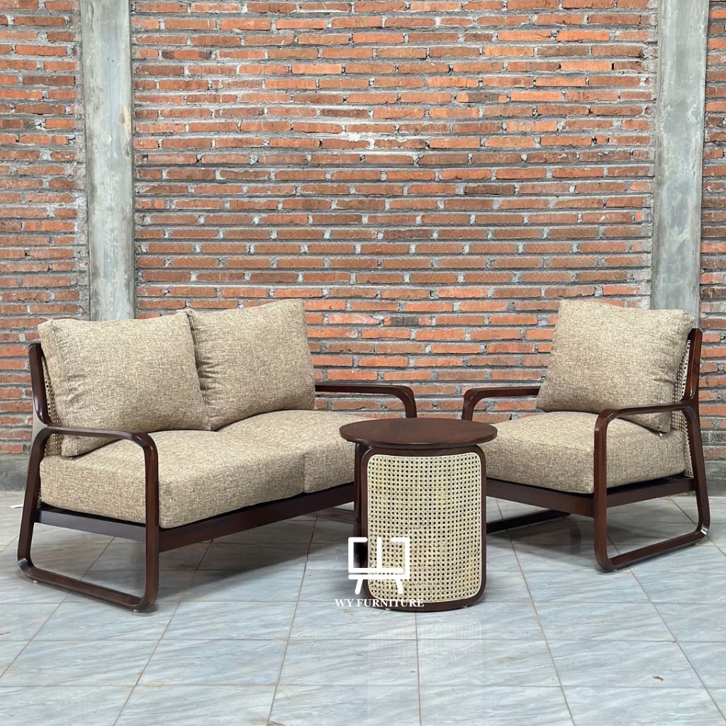 sofa minimalis kayu jati perhutani kombinasi rotan, sofa set kayu jati perhutani, kursi tamu kayu ja