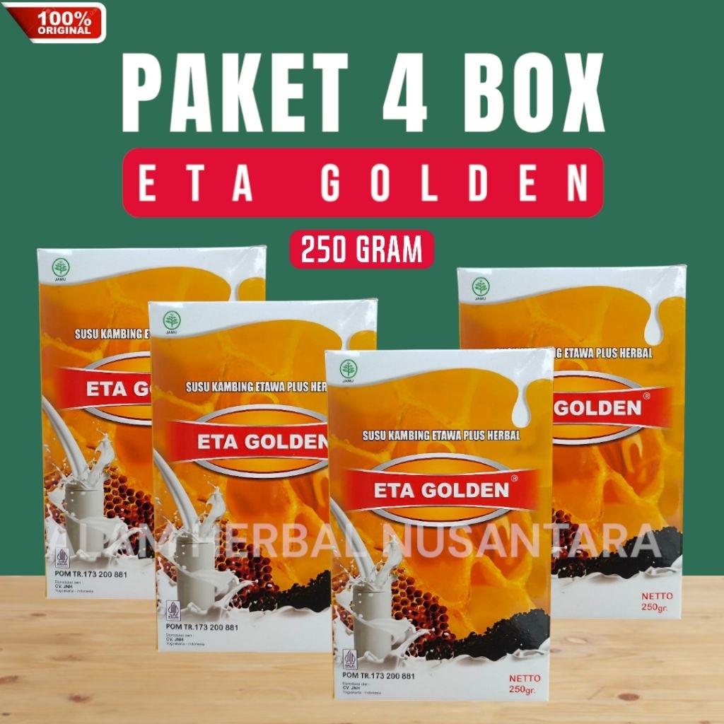 

PAKET 4 BOX ETA GOLDEN 250 GRAM SUSU KAMBING ETAWA BUBUK SUSU ETAWA ETAGOLDEN PLUS HERBAL Propolis Habbatussauda Jintan Hitam