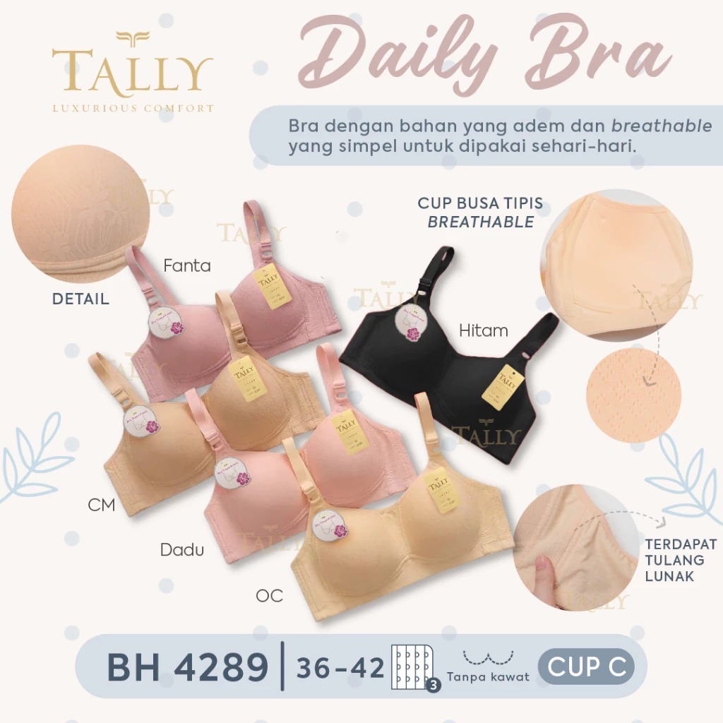 Tally Bra Wanita Daily Bra Busa Tipis Cup C Tanpa Kawat Kait 3 Bra Full Cup- TALLY 4289