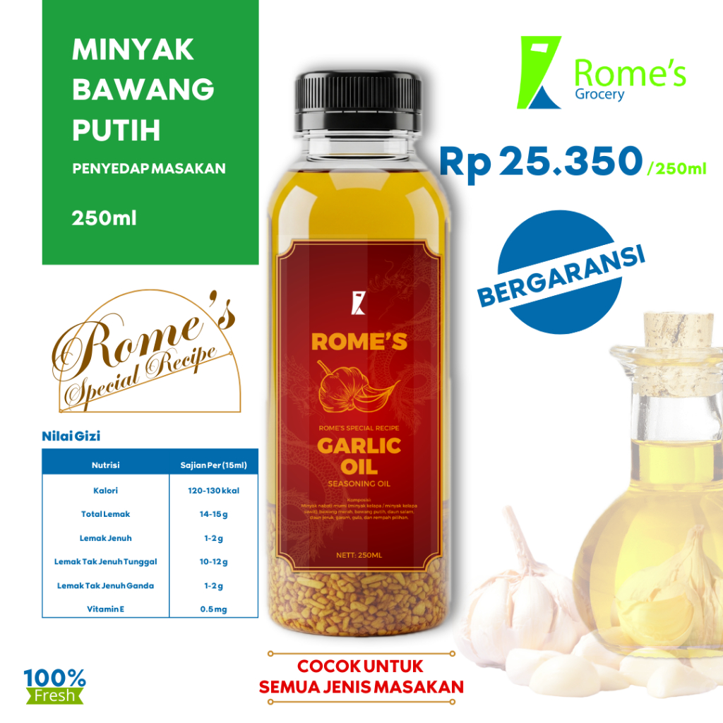 

Minyak Bawang Putih/Garlic Essen | 250ml | Rome's Special Recipe | Bergaransi I Rome's Grocery