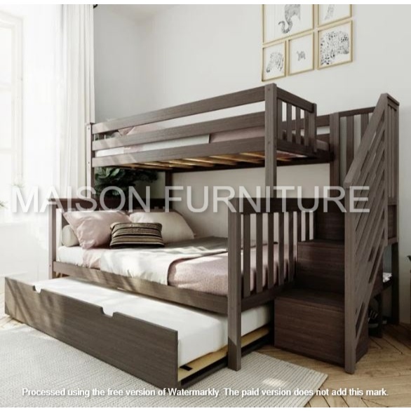 Rangka Tempat Tidur Tingkat 3 Bed Susun Laci Minimalis Kayu Jati Maison 111