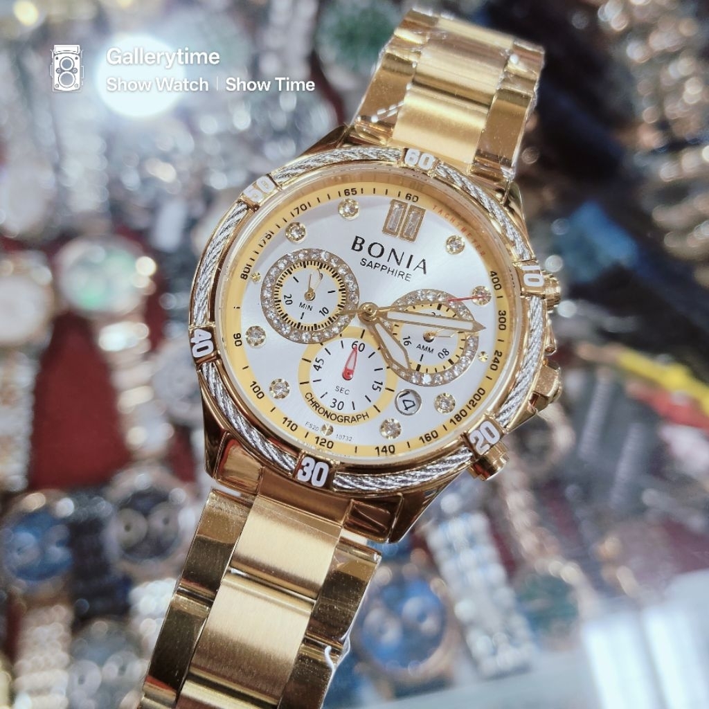 Bonia Sapphire BNB10732 Full Gold Original Jam Tangan Wanita Chrono aktif