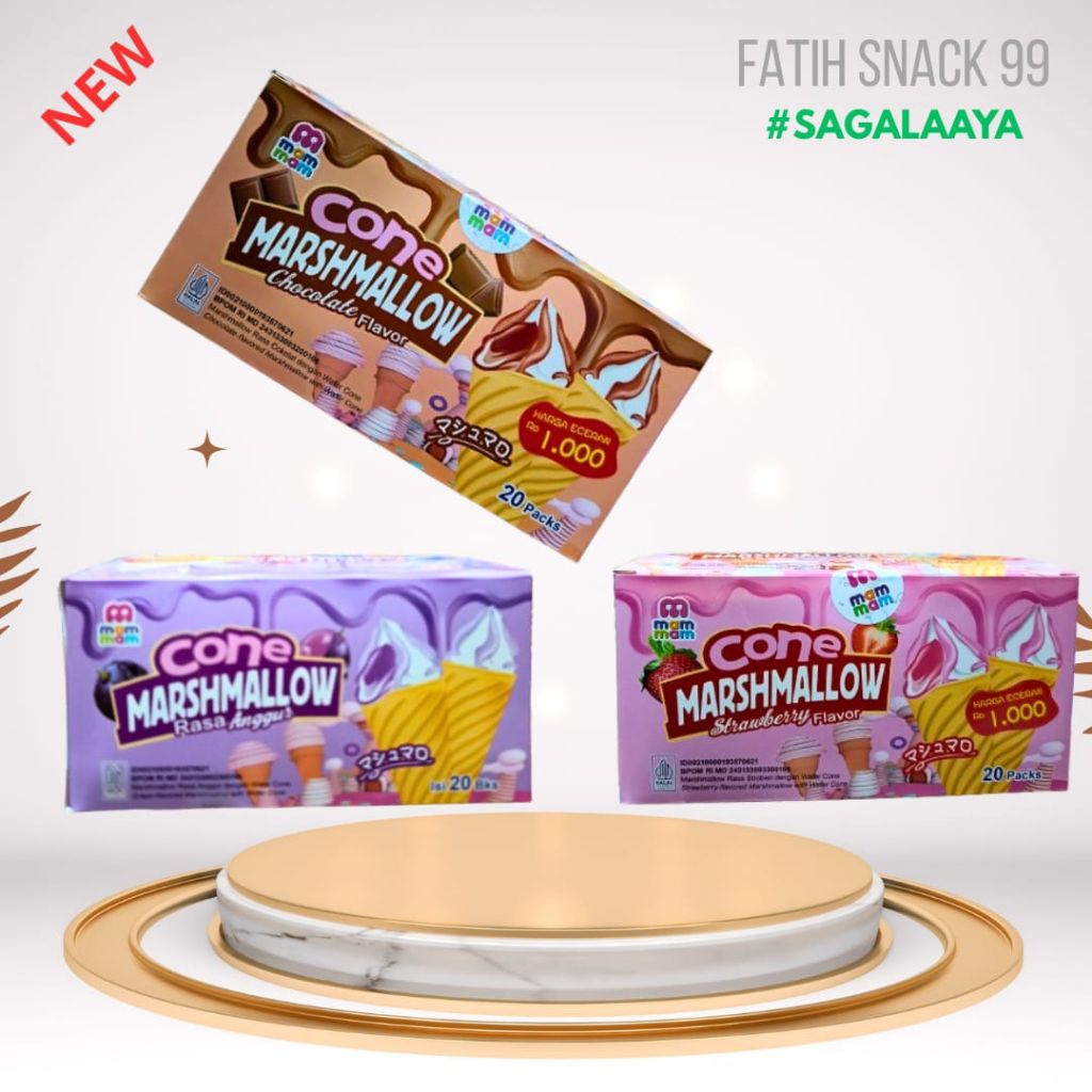 

MAAM MAAM BOX ISI 20 PCS X 8G MARSH MALLOW CUP RASA STRAWBERRY FLAVOR VANILLA COKLAT CONE LUNAK
