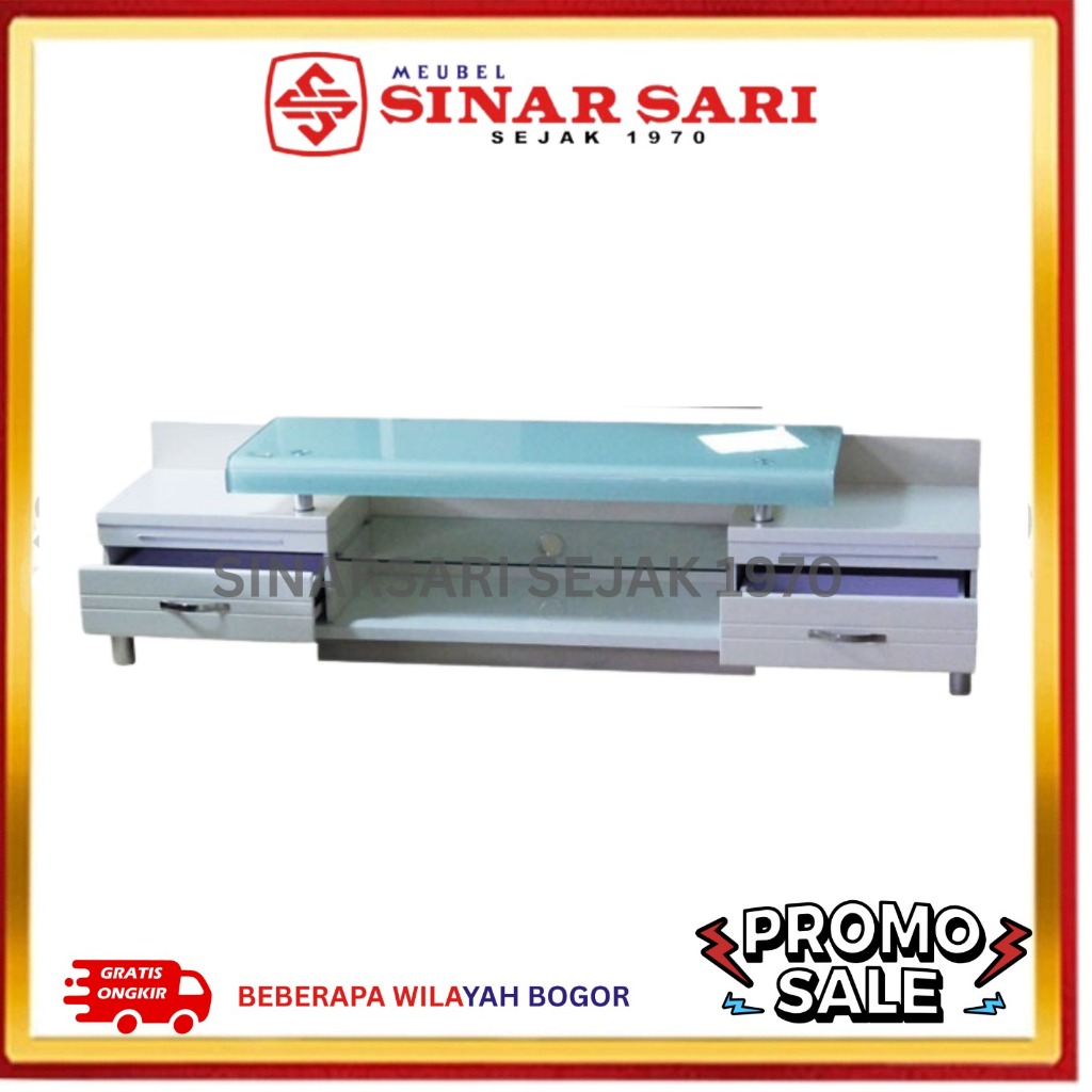 Sinar Sari - Meja TV Putih Minimalis Modern Kaca Temper Desain Futuristik