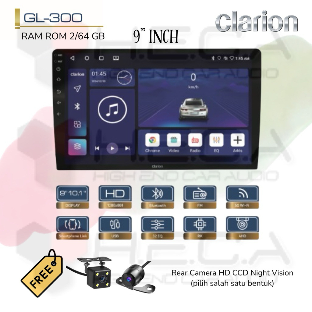 Clarion GL-300 Android RAM 2/64 GB 9” inch Head Unit Tape TV Mobil + Kamera Mundur