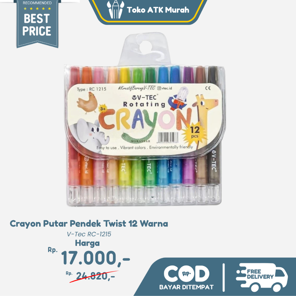 

Crayon Putar Twist 12 Warna V-Tec RC-1215 Pendek Rotating 12 Colour Short