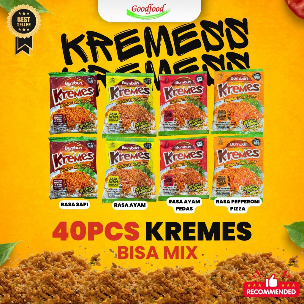

Bumburi Mix kremess 40 sachet Rasa : Ayam, Ayam Pedas, Sapi, Papperoni Pizza