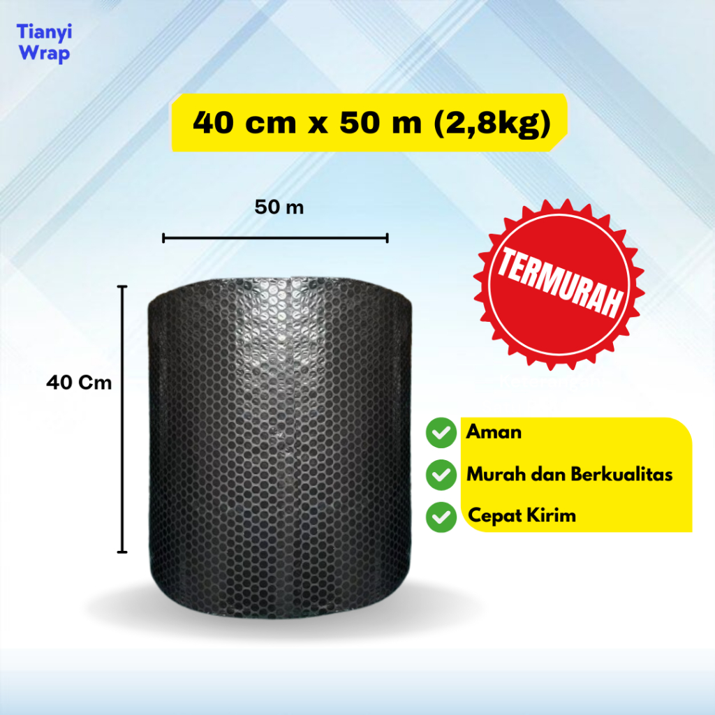

Bubble Wrap Hitam Berat 2,8kg | 40cm x 50meter | ROLL | Bahan Tebal dan Murah.