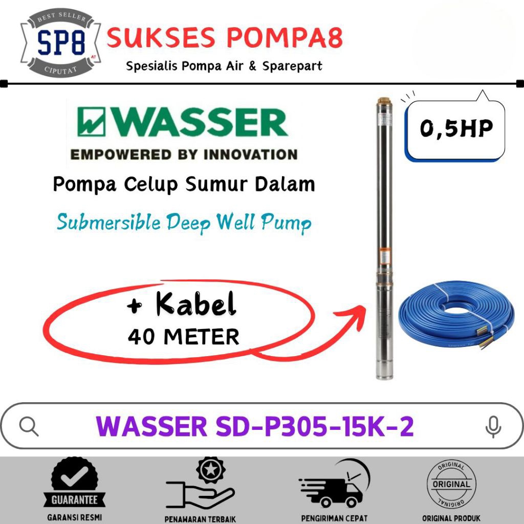 Submersible Pump WASSER 0,5HP 3" SD-P305-15K-2 + Kabel / Pompa Satelit