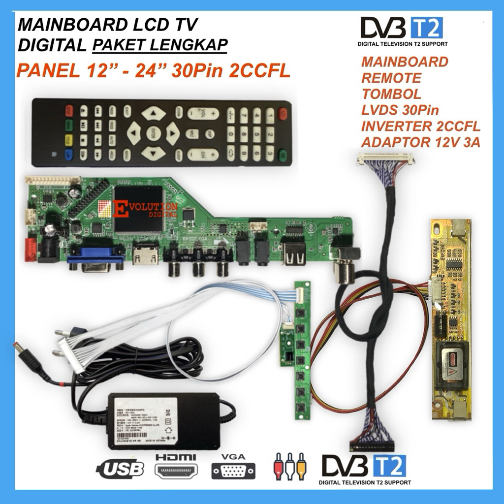 Universal LCD Controller Board Digital DVBT2- Paket lengkap untuk Panel 12" - 24"
