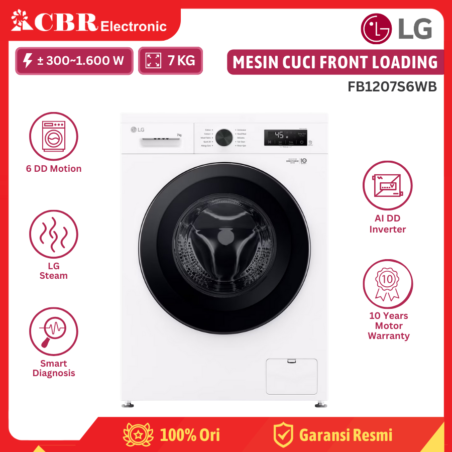 Mesin Cuci LG Front Loading 7KG FB1207S6WB / Steam - Inverter
