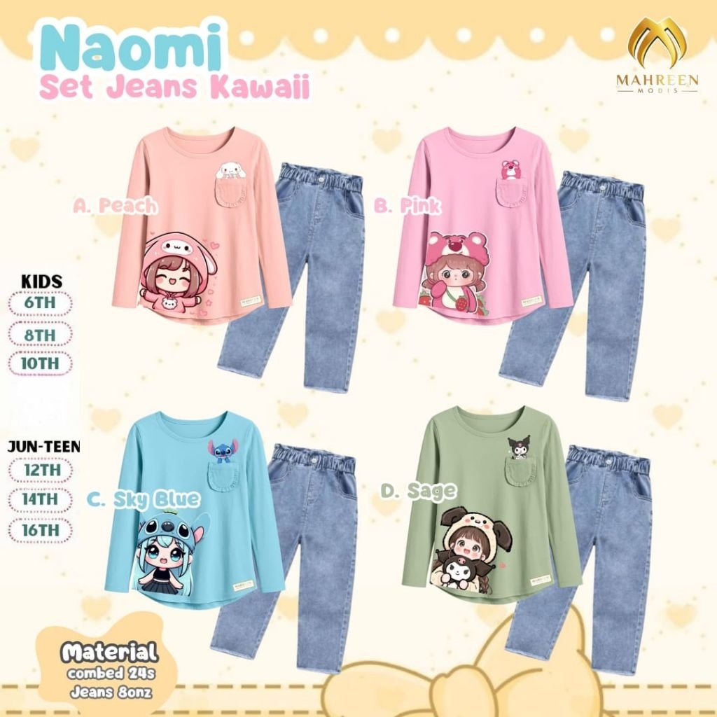 [Close] Mahreen Setelan Kaos Longsleeve Denim Anak Cewek Casual Cute Naomi Set Jeans Kawaii 6-16th /