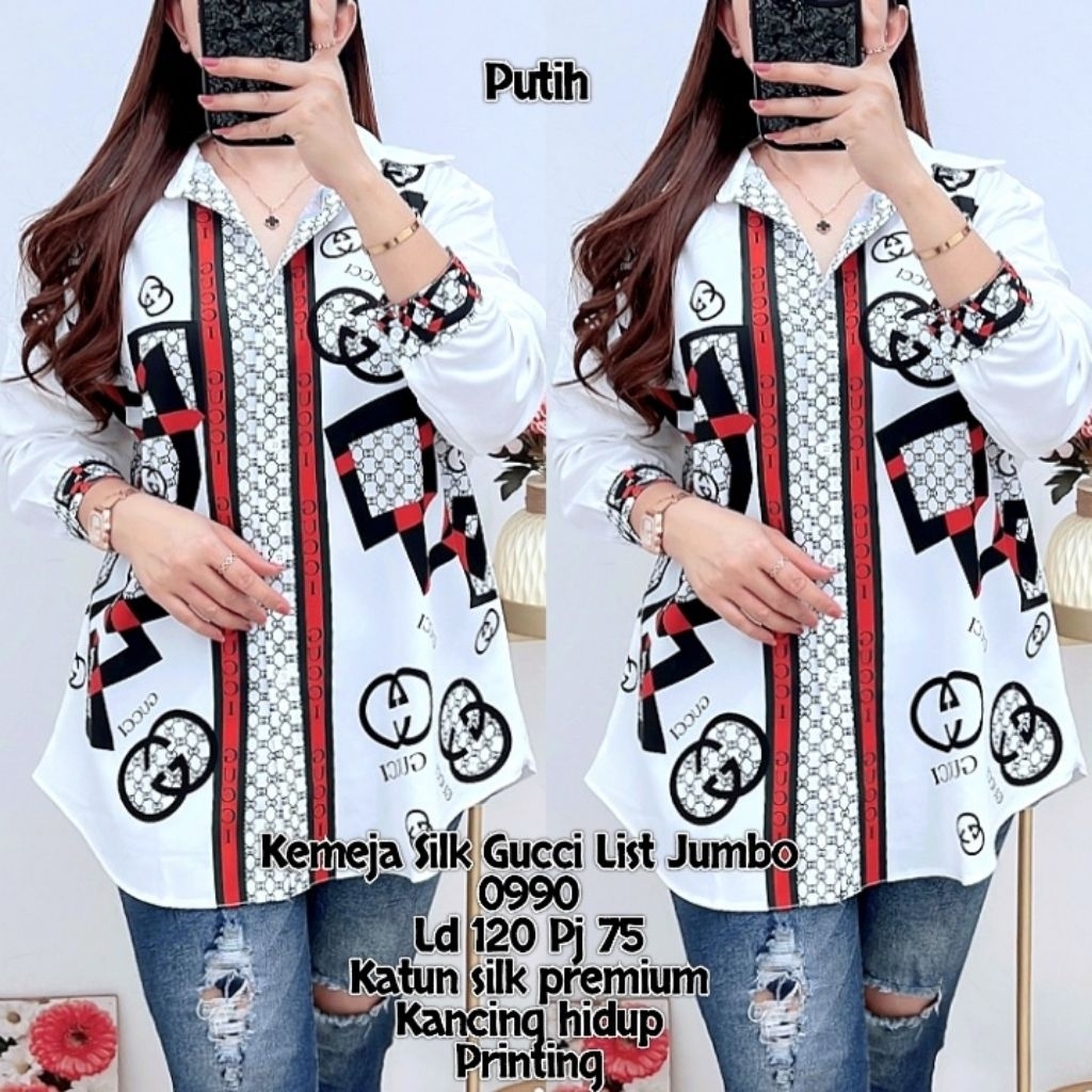 Kemeja Putih Atasan Silk lis Merah Ld 120