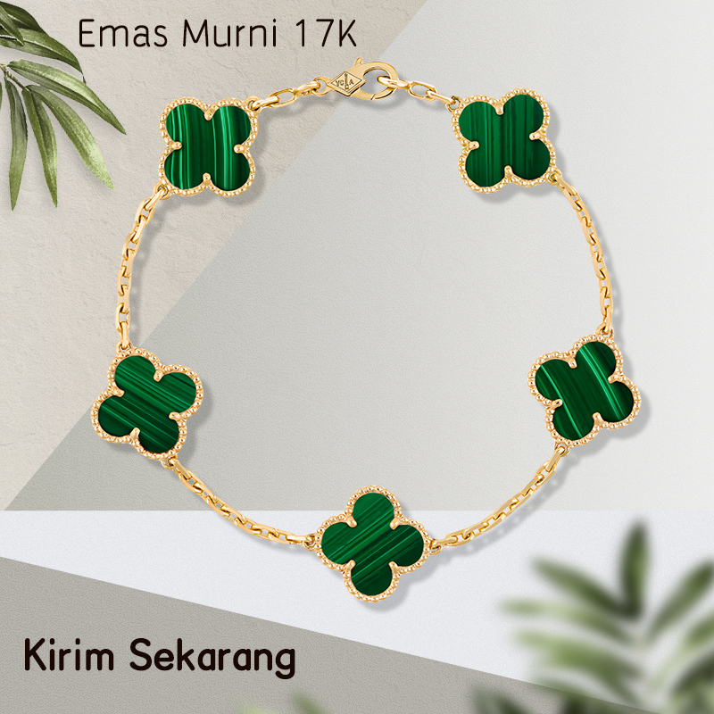 Gelang Wanita, Gelang Batu Permata Akik Hijau Semanggi Empat Daun Emas 17K, Gelang Couple Sepasang