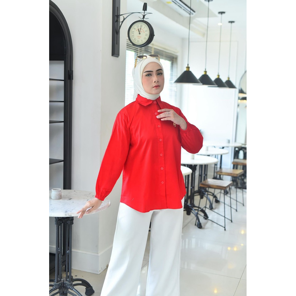 SKM Dubai - Kemeja Wanita Merah Katun Tuwil Premium - Fit to XL - Wudhu Friendly