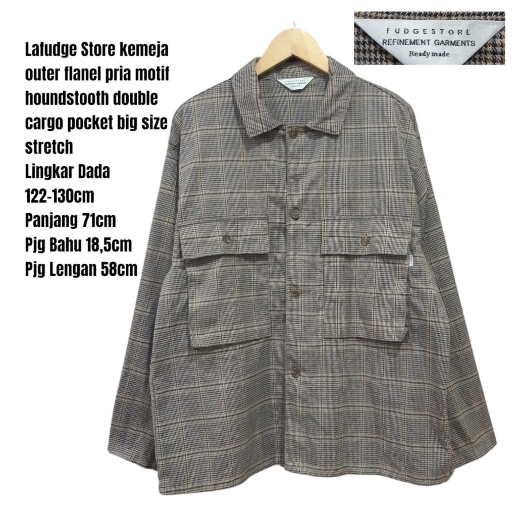 Lafudge Store kemeja outer flanel pria motif houndstooth double cargo pocket big size stretch