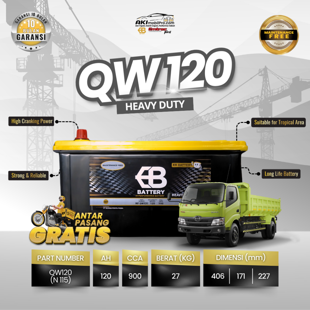 Aki Mobil Truk Hino Dutro | Dump Truk | EB BATTERY MF QW120 (N115) 120Ah CCA 900Amps Kering Bergaran
