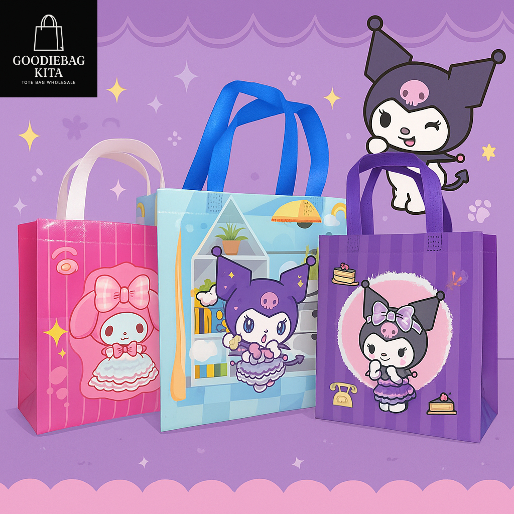 

Tas souvenir tema kuromi lucu dan imut/tas spunbond/tas belanja/tas ultah anak/goddiebag premium