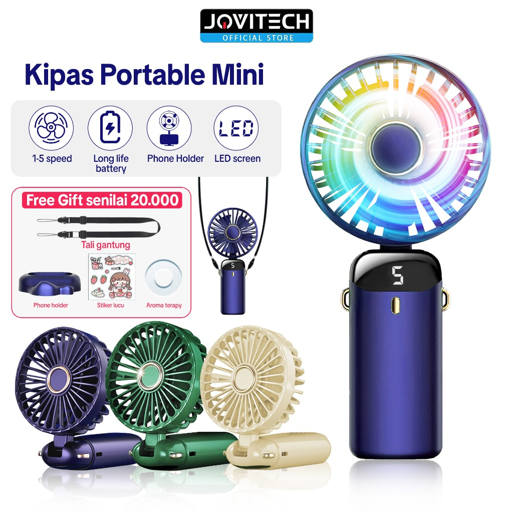 Jovitech Kipas Angin Portable Mini 20000mAh LED Display Mini Fan 5-Speed Wind Kipas Lipat Portable K