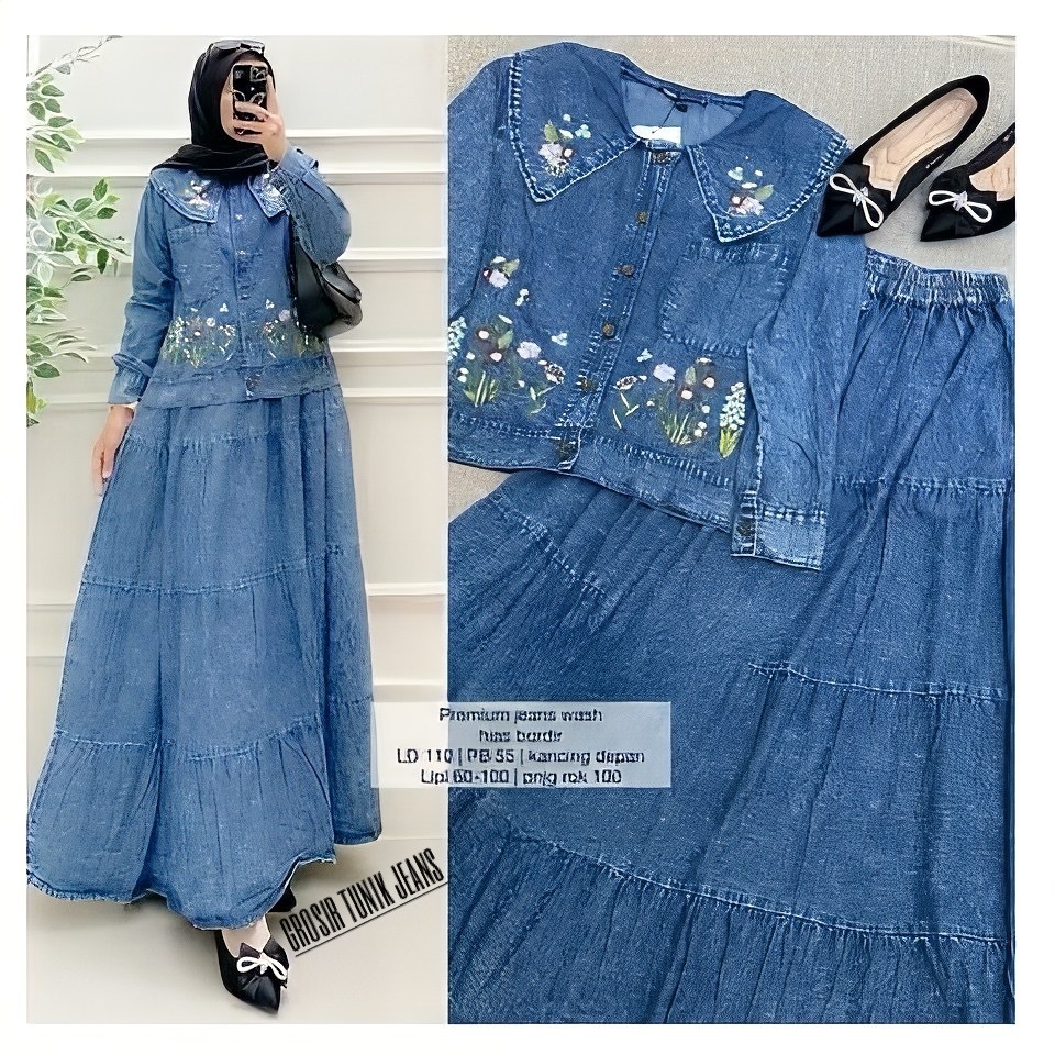 Alena One Set Rok Jeans Baju Setelan Rok Jeans Bordir Wanita Jumbo Terbaru/Set Rok Top Atasan Bordir