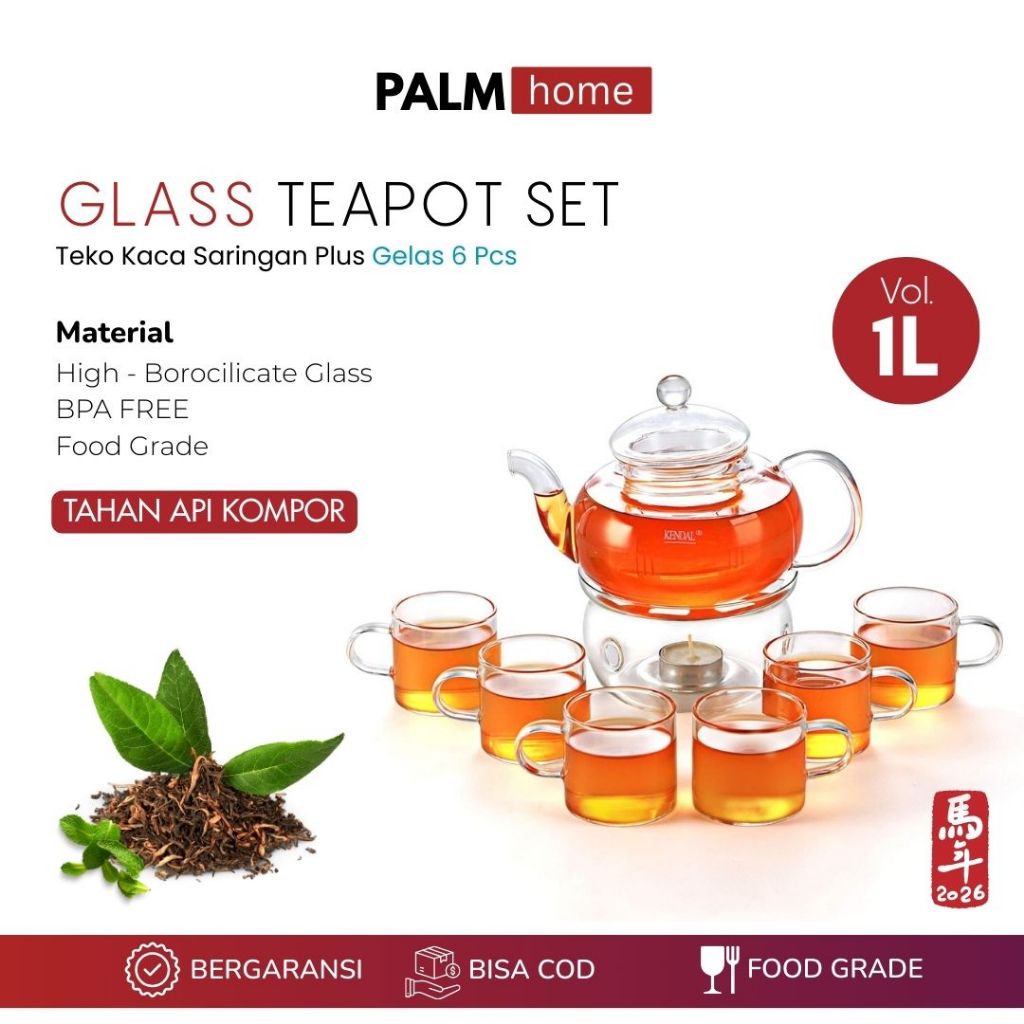 [PALMLIVING] Teko Saringan Kaca Teh Rempah Tahan Panas Set Dengan Gelas Kaca 6Pcs