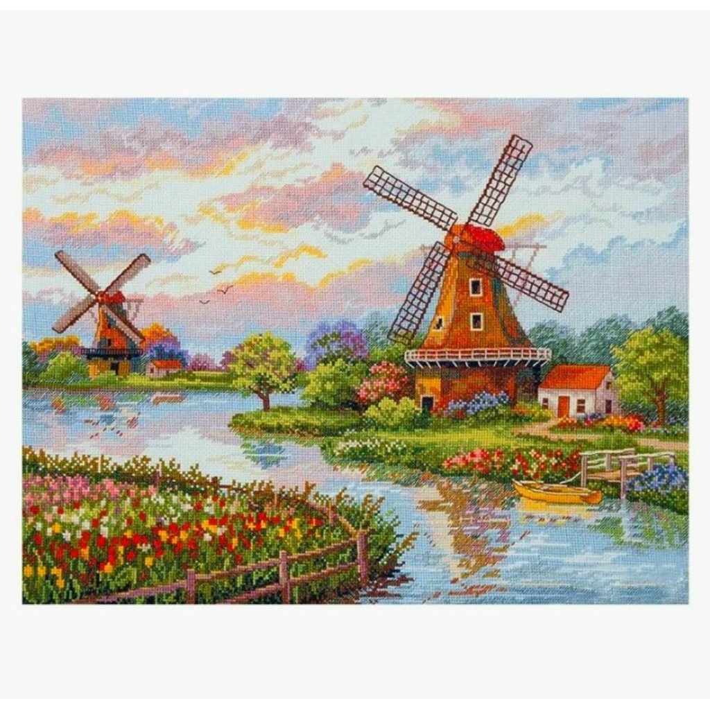 DIY paket kristik rumah kincir air pedesaan belanda eropa windmill holland pola kain cross stitch ki