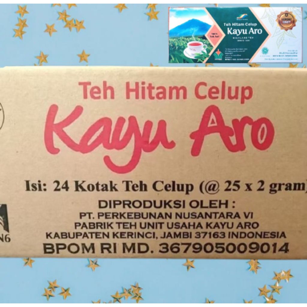 

Teh Hitam Celup Kayu Aro, 1 Dus Isi : 24 Kotak Teh Celup (@ 25 x 2 gram )