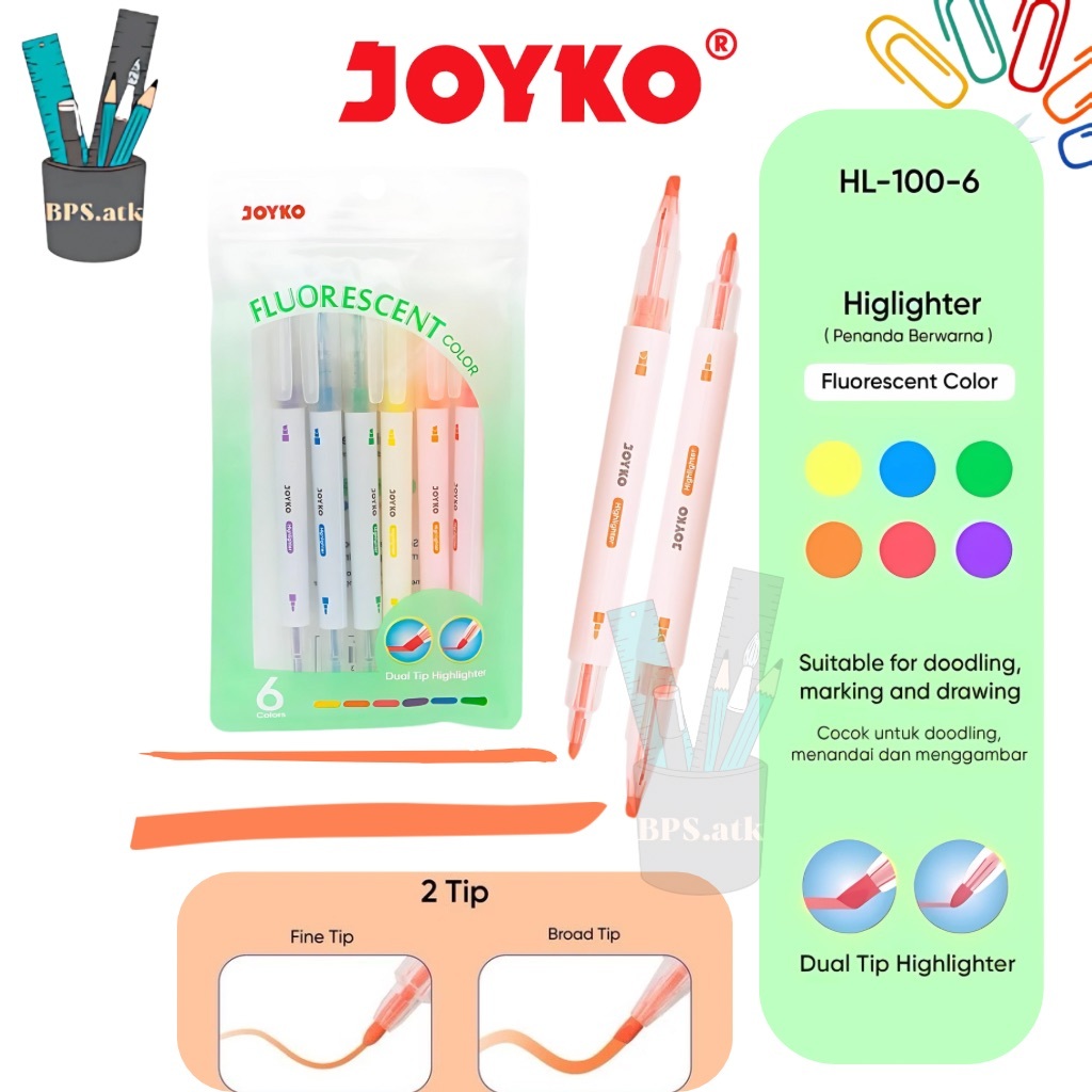 

(6 pcs) JOYKO Penanda Berwarna Highlighter HL-100 1 Set 6 Warna Fluorescent 2 Sisi (Bolak Balik)