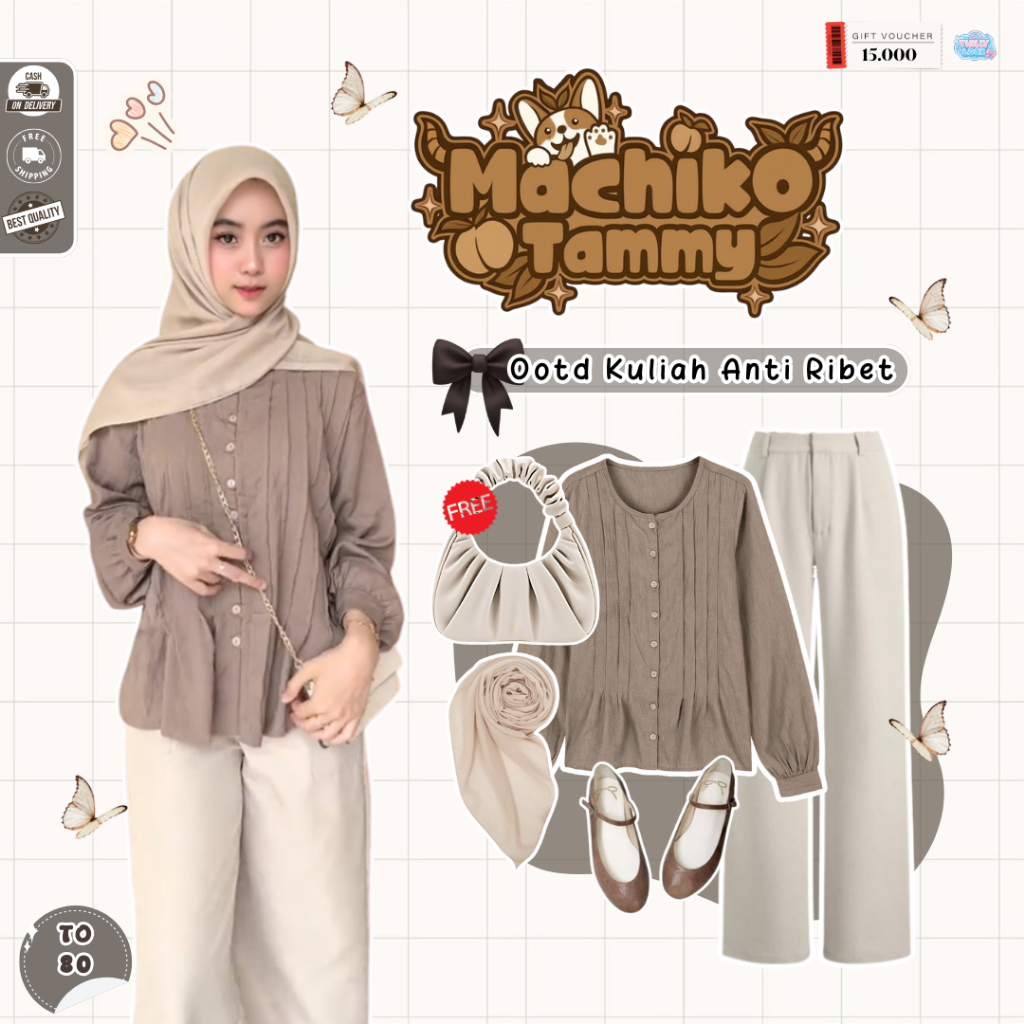 Lula Oneset Wanita Kekinian ( Hijab Bella + Blouse Oneck Brown + Celana Knit ) One Set Wanita Hijab 