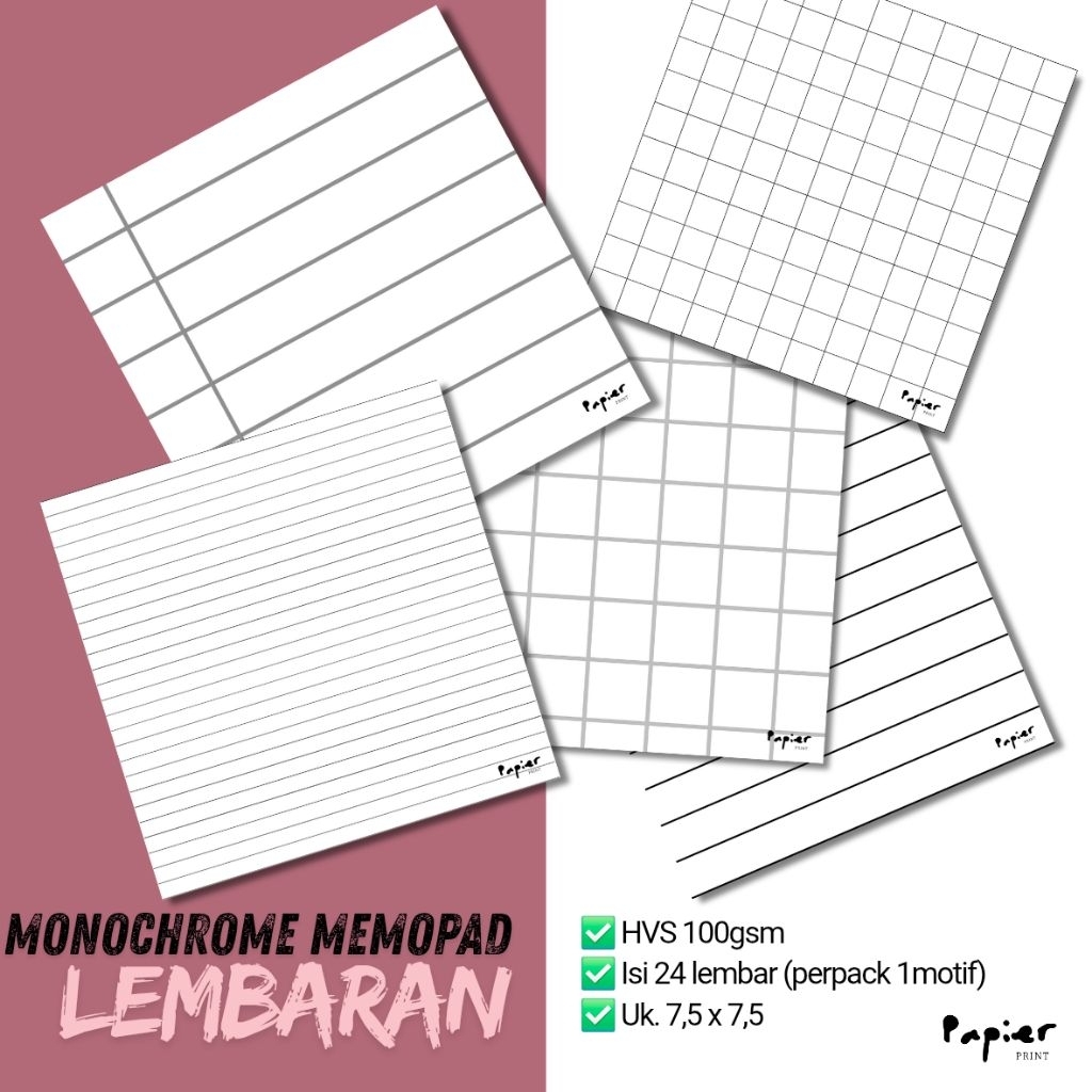 

PAPIER - (isi 24 lembar) MEMOPAD MONOCHROME PREMIUM Lembaran | cocok untuk catatan journal | memopad tanpa lem