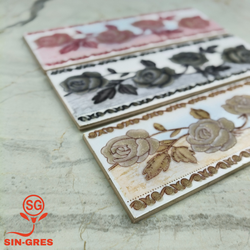 List Keramik Dinding | Listello Laser | 8x25 | Model Datar | Motif Bunga Rose