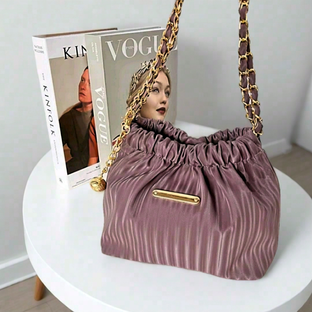 Tas Bahu Rantai Anyam Kerut Wanita Bahan Nylon - Tas Selempang Wanita Bahu kerut Sunny Bag