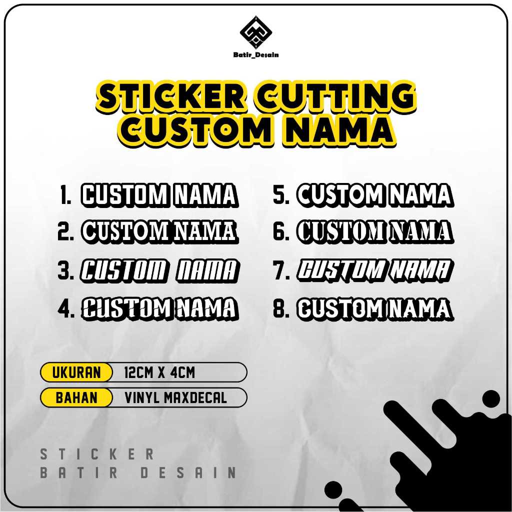 

Stiker Cutting Custom Nama – Pilih Desain & Warna Favoritmu!