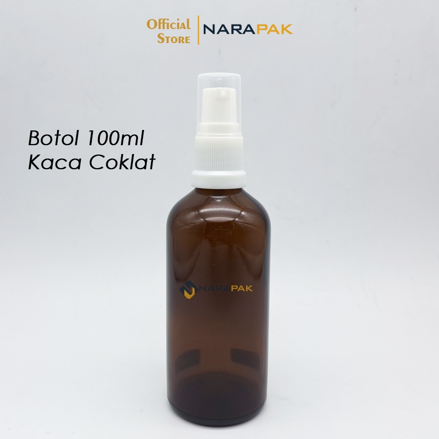 Botol PUMP 100ml Kaca Coklat Amber BR Tutup Lotion PUTIH Botol Foundation Skincare