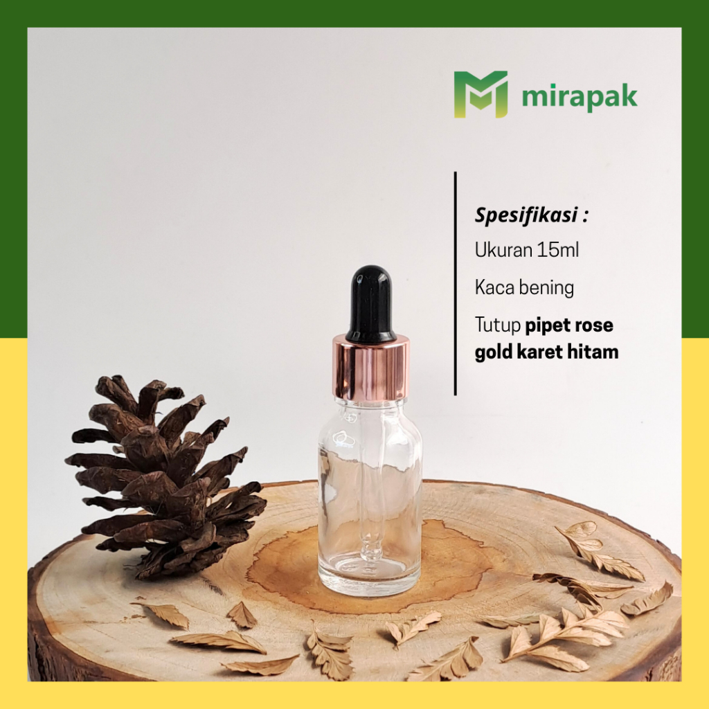 BOTOL PIPET 15ML BENING CLEAR KACA TEBAL - RING ROSE GOLD KARET HITAM - SERUM KOSMETIK SKINCARE - R1