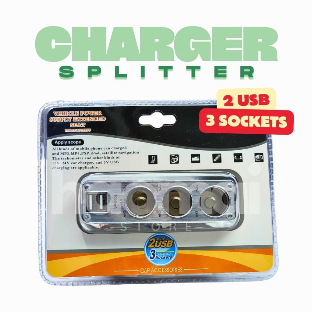 Charger Mobil Colokan USB 3 Soket Lighter Socket Splitter Cigarette Lighter 3 lubang + 2 USB Charger