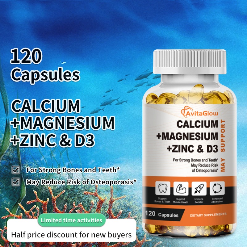 Kapsul kompleks kalsium, magnesium, seng, dan vitamin D3, kemasan 120 butir (mengandung kalsium, mag