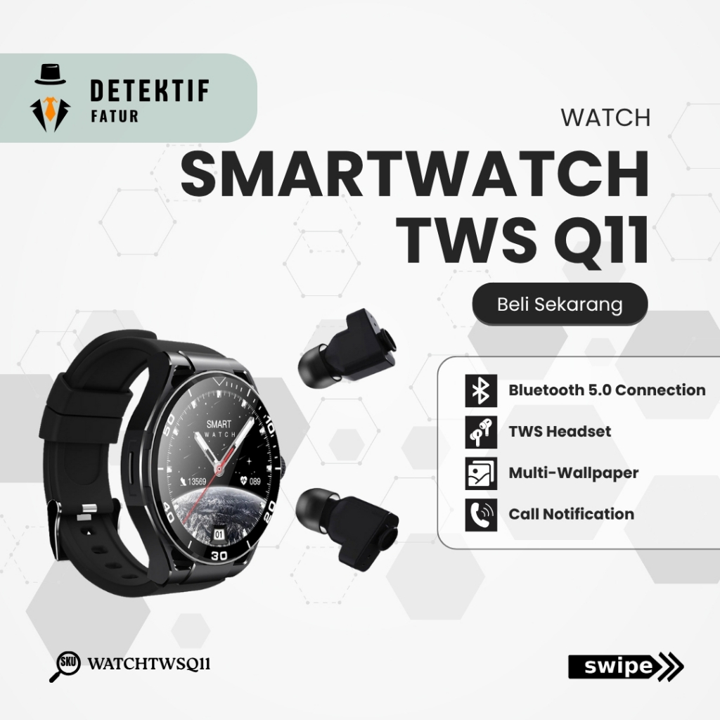 SmartWatch TWS Bluetooth Q11 Earphone EarBuds Nirkabel Jam Tangan Headset TWS Multifungsi Waterproof